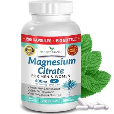 Magnesium Citrate 400mg | 200 Capsules, High Absorption for Sleep, Relax, Leg Cramps, Energy, Extra Strength Easy to Swallow Small Pills for Women & Men, Vegan Supplement for Digestion, Not Tablets