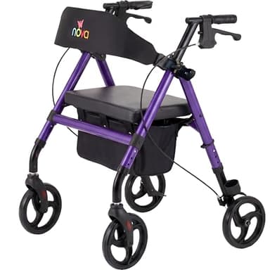 NOVA Vega Rollator Walker - Lightweight 18 lb Folding Mobility Walker, 8” Wheels, Adjustable Height, Hand Brakes, Padded Seat & Backrest, Purple