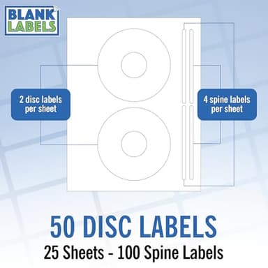 CD/DVD Label Full Face | Qty 50 Disc, 100 Spine | 25 Sheets Total | Permanent White Matte | Compatible with Inkjet and Laser Printer | Blank Labels