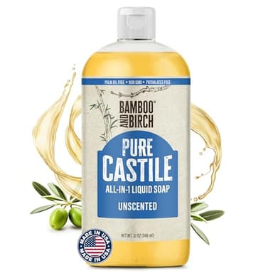 BAMBOO AND BIRCH Pure Castile Soap Liquid, Certified Palm Oil Free Natural Soap, Unscented, 32 oz