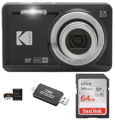 KODAK PIXPRO FZ55 Digital Camera Bundle, Includes: SanDisk 64GB SDXC Memory Card, SD Card Reader Compatible with Computers and Smartphones and Memory Card Wallet (4 Items) (Black)