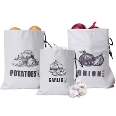 Potato Onion Garlic Storage Bag, Fabric Onion and Potatoes Storage Bag, Washable Garlic Potatoes Onions Keeper with Drawstring, 3 Pack (Garlic Onion Potato Bag)