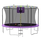 ACWARM HOME 14 FT Trampoline for Kids and Adults, Trampolines with Basketball Hoop and LED Lights,Trampoline Outdoor with Net, ASTM Approved, Purple