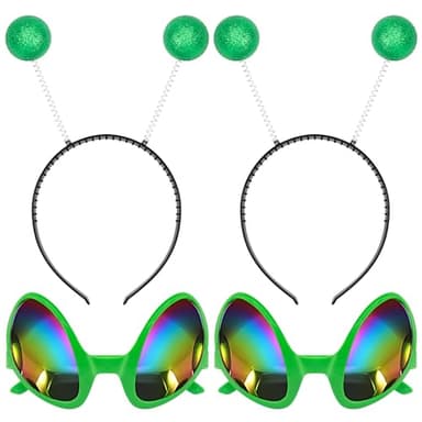 Cheerin Green Alien Headbands and Glasses – Martian Antenna Headbands – Glitter Ball Head Boppers – Space Theme Costume Accessories (2 Pack)