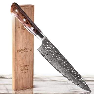 Jikko® Damascus Edition – Japanese VG-10 Gyuto Chef Knife 8.5" with Mahogany Handle | 67-Layer Damascus Steel Kitchen Knife – Razor Sharp, Full-Tang, Professional Chef’s Knife