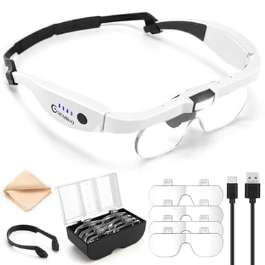 GUOUBUO Magnifying Glass with Light, 1.5X-5.0X Magnifying Glasses, Rechargeable Magnifier Headset with Light, Head Magnifier with 4 Detachable Lenses, Magnify Glasses for Close Work Crafts Jewelry