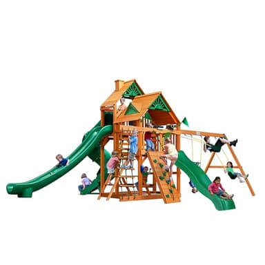 Gorilla Playsets 01-0031-AP Great Skye II Wood Swing Set with Wood Roof, 3 Slides, and Rock Wall, Brown