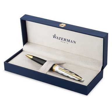 Waterman Carene Ballpoint Pen | Metal & Black Lacquer with Gold trim & Chiselled cap | Medium Tip | Blue Ink | Gift Box