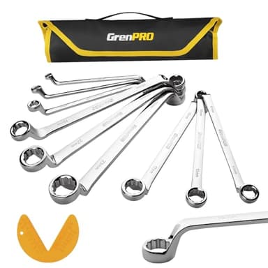 GRENPRO Wrench Set, Offset Wrench Set Metric and Standard, 10PC 6-23mm 75-Degree Large Wrench Kit Tool With Roll Up Pouch With 1 Gauge, Extra Long Big Double Box End Wrenches Sets with 6 Point