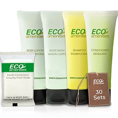 ECO amenities Travel Essentials Toiletry Kit - 150-Piece Hotel Toiletries Bulk Set - Shampoo & Conditioner Pack - Travel Body Wash & Bar Soap - 30ml Shampoo/Conditioner, 30ml Body Wash/Lotion,28g Soap