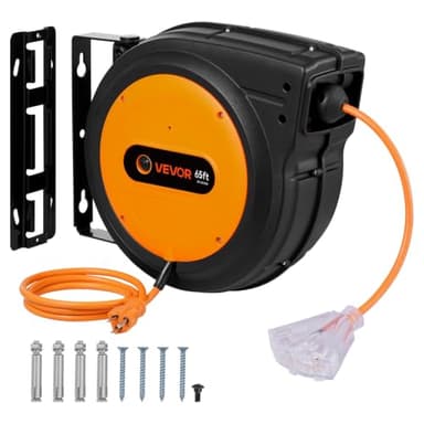 VEVOR 65FT Retractable Extension Cord Reel, Heavy Duty 12AWG/3C SJTOW Cord | 15A Circuit Breaker, with Lighted Triple Tap Outlet, 180° Swivel Bracket, Ceiling or Wall Mount for Garage, Workshop, Orange