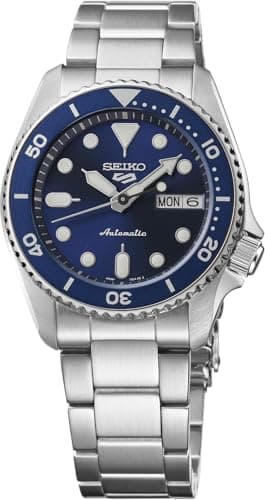 SEIKO 5 Sports Men's Automatic Watch with Stainless Steel Case and Luminous Hands - Stylish Wrist Watches, Silver Navy