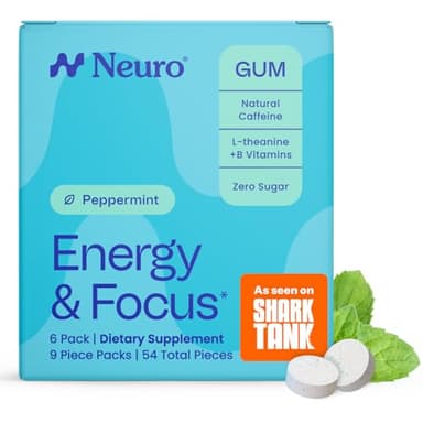 Neuro Energy & Focus Gum - 40mg Natural Caffeine Gum & Nootropic Energy Supplement with L-Theanine & B Vitamins - Sugar Free, Vegan - Peppermint, 54ct