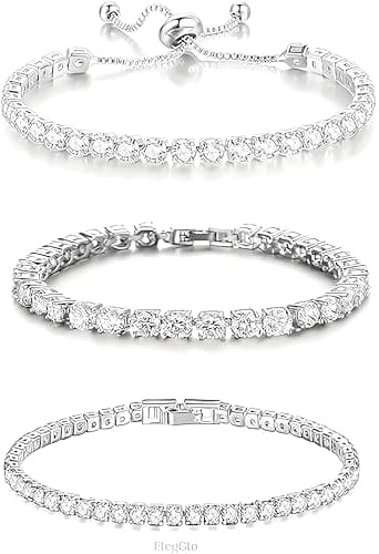 ElegGlo 14K Silver Plated Tennis Bracelet Set Cubic Zirconia Classic Adjustable Bracelet Silver Bracelets for Women Birthday Mother's Day Wedding Gift