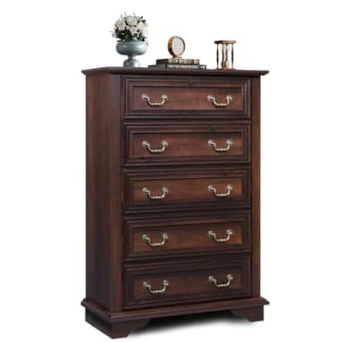 WLIVE Farmhouse Dresser for Bedroom, Tall Wood Dresser with 5 Drawer, Chest of Drawers with Roman Metal Handle for Living Room, Hallway, Closet, Brown