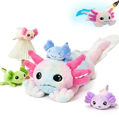 MaoGoLan 5 Pcs Axolotl Plush Stuffed Animal with 4 Babies Inside, 31.5" Glow Mommy Axolotl Plush Pillow for Girls, Soft Long Salamander Plushies for Birthday Gifts, Rainbow Tie-Dye