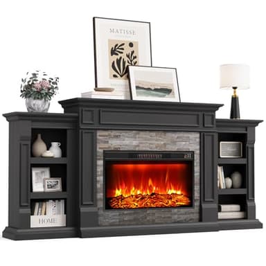 Naice 80" Electric Fireplace with Mantel and Cabinets, Fireplace TV Stand for Living Room Bedroom, 30in Realistic Flame Fireplace and Stacked Stone Surround, Black