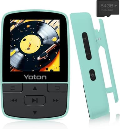 Yoton MP3 Player with Bluetooth 5.2, 64GB, HiFi-Music, with Sports Clip and Independent Volume Button, FM Radio, Earphones Included (Green)