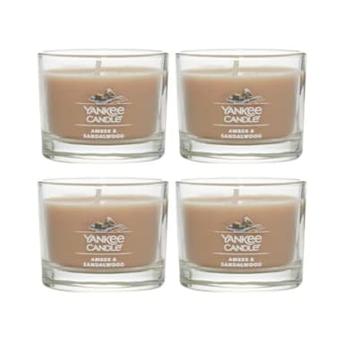 Yankee Candle Signature Votive Mini Candle Jar, Amber & Sandalwood Scent, Natural Soy Wax Blend Candle with Natural Fiber Wick, 1.3 OZ Glass Jar (Pack of 4)