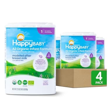 Happy Baby Organics Stage 1 A2 Infant Formula, 0 12 Months, Milk Based Organic Baby Formula Powder with A2 Milk, Probiotics & Prebiotics for Immune & Digestive Support, 22.9 Ounce (Pack of 4)