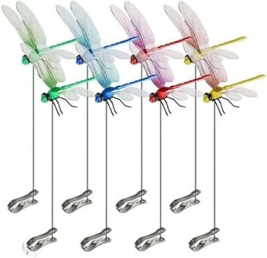Fake Dragonfly Clip for Garden & Hat, 10 in Realistic 3D Clip On Dragonfly, Waterproof Outdoor Bug Deterrent Decor for Yard, Plants, Patio, Pet Collar 5 Pack