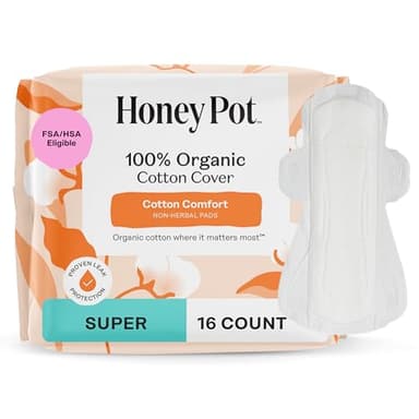 The Honey Pot Company - Sanitary Pads for Women - Non-Herbal Super w/Wings - Organic - Cotton Cover & Ultra-Absorbent Pulp Core - Feminine Care - 16 ct