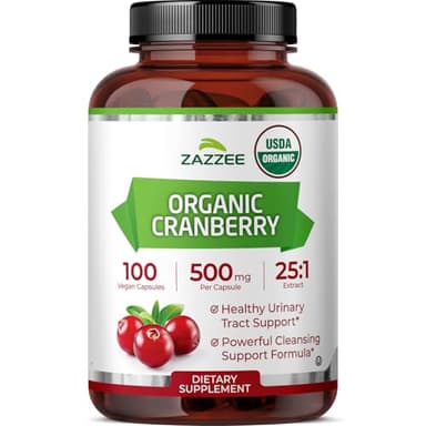 Zazzee USDA Organic Cranberry 25:1 Extract, 500 mg per Capsule, 100 Vegan Capsules, 3+ Month Supply, Certified Kosher, Standardized, Concentrated 25X Extract, 100% Vegetarian, Non-GMO, Made in the USA