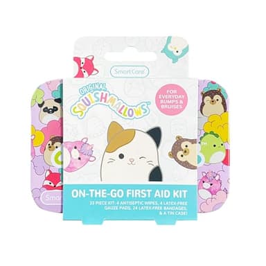 Smart Care Squishmallow First Aid Kit Travel Essentials with Antiseptic Wipes, Cute Bandage Variety Pack for Kids, Latex-Free Gauze Pads and Bandages in Tin Case, 33PC
