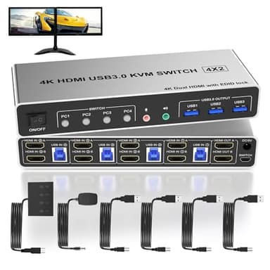 4 Port USB 3.0 KVM Switch Dual Monitor HDMI 4K 60Hz, KVM Switch 2 Monitors for 4PCs Supports EDID, KVM Switch 4 Computers with Audio Microphone Output and 3 USB 3.0 Ports, 4 in 2 Out KVM