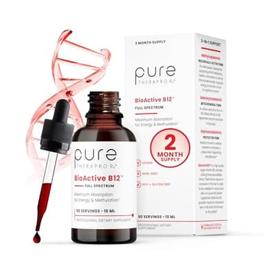 Pure TheraPro BioActive Vegan Methylated Vitamin B12 Sublingual Liquid Methylcobalamin, Hydroxocobalamin & Adenosylcobalamin 1,000 mcg per Drop (5 Drops = 5,000mcg / 2 Month Supply) 10 ml
