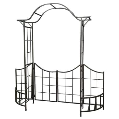leisurelife Decorative Steel Garden Arch Arbor Trellis with Gate, Fence and Planter Holders for Climbing Plants, 7.5 Ft Height, Brownish Bronze