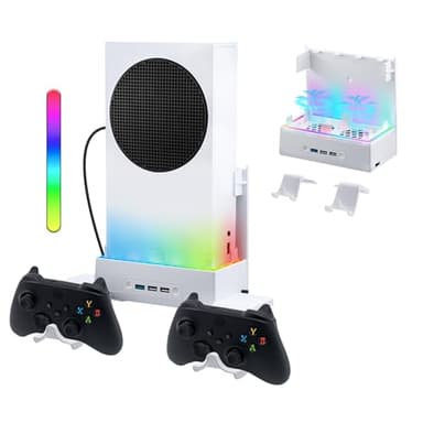Mcbazel Wall Mount for Xbox Series S, Wall Mount Kit Accessories with Dual Cooling Fans & RGB Light, 3-Speed Adjustable Stand, Extra USB Ports, 2 Controller Holder for Xbox Series S Console - White