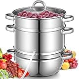 FOHERE 11Qt Stainless Steel Steam Juicer Extractor, Juice Steamer Pot for Fruit & Vegetables with Glass Lid, Hose, Clamp, Loop Handles, Ideal for Making Fresh Juice, Jelly, and Sauces