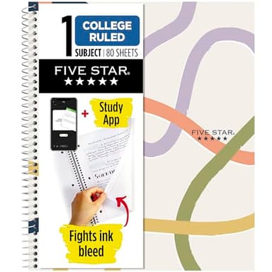 Five Star Spiral Notebook + Study App, 1 Subject, College Ruled, 8-1/2" x 11", 80 Sheets, Fights Ink Bleed, Water Resistant Covers, Organic Lines (820233F)