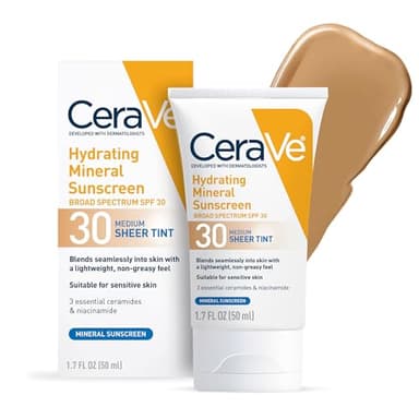 CeraVe Hydrating Mineral Sunscreen SPF 30 with Sheer Tint, Tinted Mineral Sunscreen with Zinc Oxide & Titanium Dioxide, Blends Seamlessly For Healthy Glow, Medium, 1.7 Fluid Ounce