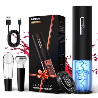 BABONIR Electric Bottle Wine Opener Set, Automatic Electronic Corkscrew with Blue Led Indicator, Vacuum Stopper, Pourer, and Foil Cutter, Perfect for Home, Party and Wedding, Rechargeable