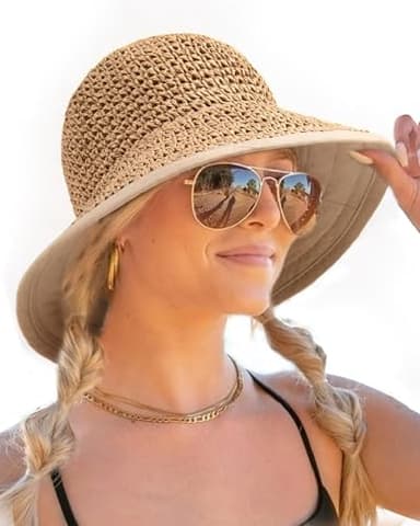 FURTALK Summer Straw Beach Sun Hats for Women UPF 50 Floppy Wide Brim Travel Bucket Hat Foldable Packable Khaki