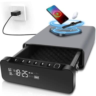 FTOP Biometric Fingerprint Gun Safe, Clock Handgun Safe with 3-in-1 Watch & Phone Wireless Charging, Drawer Lock for Hand Guns, Cash, Valuables- with Humidity Reader|Temperature| Alarm Clock| Screen