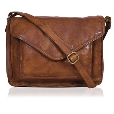 Leather Flapover Crossbody Handbag Purse for Women with Adjustable Strap & Overflap Snap Closure Tote/Bag (Tan wash)