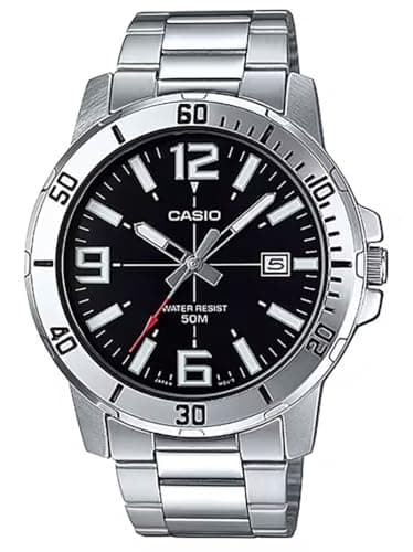 Casio MTP-VD01D-1BV Men's Enticer Stainless Steel Black Dial Casual Analog Sporty Watch, Silver, 48×42×10.7mm, Quartz Movement
