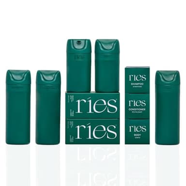 RIES Essential Refillable Toiletry Travel Bottles – Set of 5 (3.4oz & 1.7oz) Airless Pump Containers for Shampoo, Conditioner, Body, Face – Leak-Proof, TSA-Approved, Dishwasher Safe- Escapade Green