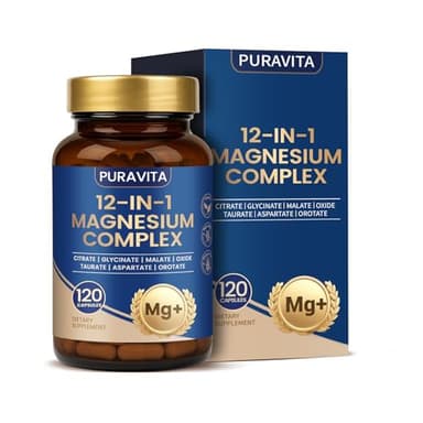 Puravita Magnesium Complex - Puravita 12 in 1 Magnesium Supplement with Glycinate, Citrate, Malate, Oxide, Taurat & More for Muscle, Nerve & Sleep Support, 120 Count
