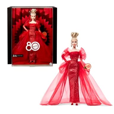 Barbie Signature Doll, Mattel 80th Anniversary Collectible in Glittery Red Tulle Gown with Drop Earrings and Sheer Gloves, Blonde Hair