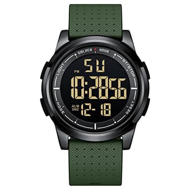 GOLDEN HOUR Ultra-Thin Minimalist Sports Waterproof Digital Watches Men with Wide-Angle Display Rubber Strap Alloy Steel Case Wrist Watch for Men Women in Army Green