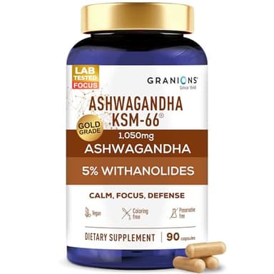 Granions KSM66 Ashwagandha Supplements - 1,050 mg, 5% Withanolides, Clinically Studied KSM-66 Root Extract Pills - Vegan Stress and Focus Support for Men and Women - 90 KSM 66 Ashwagandha Capsules
