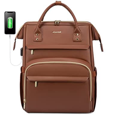 LOVEVOOK Leather Laptop Backpack for Women 15.6 inch,Travel Purse Nurse Teacher Carry On Backpack Computer Bag,Professional College Business Work Bags with USB Port,Brown