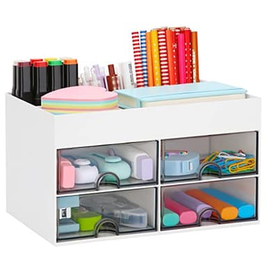 LETURE Desktop Organizer with Drawer, Accessories Stationary Organizer Desk Caddy, Pen/Pencil/Business Card/Sticky Note Tray/Paperclip Holder Storage Box (White)