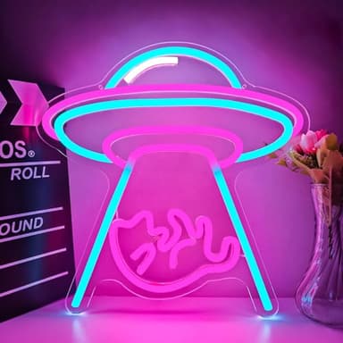 UFO Cat Neon Signs for Wall Decor Cat Neon Light USB Powered Dimmable Flying Saucer Light up Sign for Bedroom UFO Alien Night Lamp for Christmas Birthday Gifts