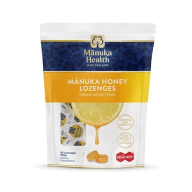 Manuka Health Manuka Honey Cough Drops – 58 Natural Lemon Flavored Throat Lozenges Infused with Raw Manuka Honey and Vitamin C for Immune Support