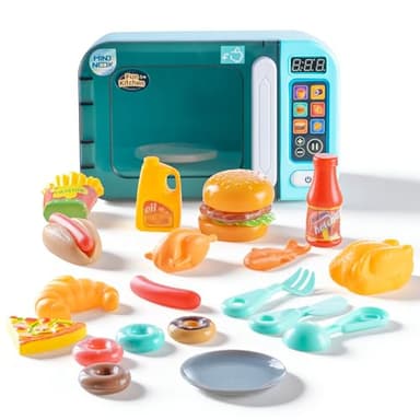 MINDNOOK Toddler Microwave Toys, Kitchen Playset with Light & Sound, Kids Pretend Play Electronic Oven with Play Food, Learning Toys for Girls & Boys Ages 3+